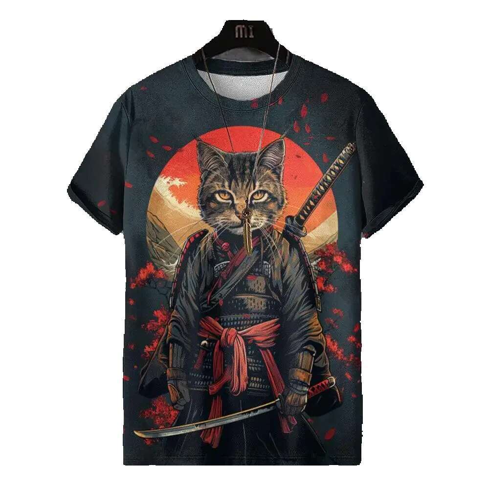 Japanese style 3D printed with warrior cat pattern casual short sleeved T-shirt oversized men's top