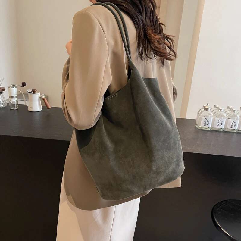 Suede Sewing Thread Retro Women's Shoulder Bags Zipper Versatile 2024 New Solid Colors High Capacity Casual Tote