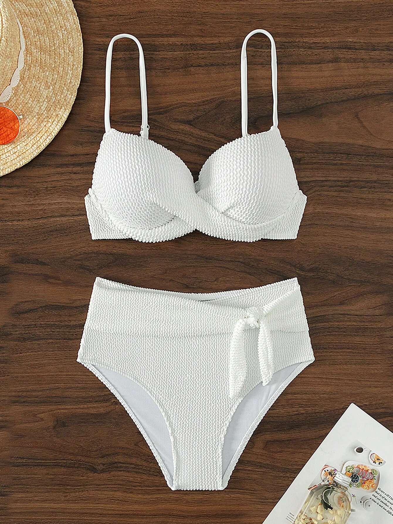 Dongdumaoyi Sexy Tie Bow High Waist Bikini Set Women White Cross Push Up Padded Swimsuit Summer Beach Bathing Suit Two Piece Swimwear