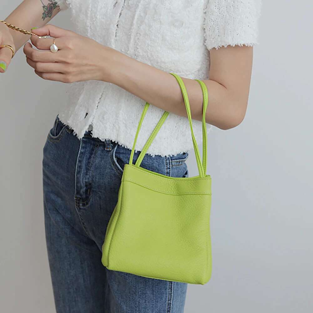 Genuine Leather Women Shoulder Color Fashion Female Square Bucket Purse Solid Versatile Top Handle Underarm Cowhide Tote Bag