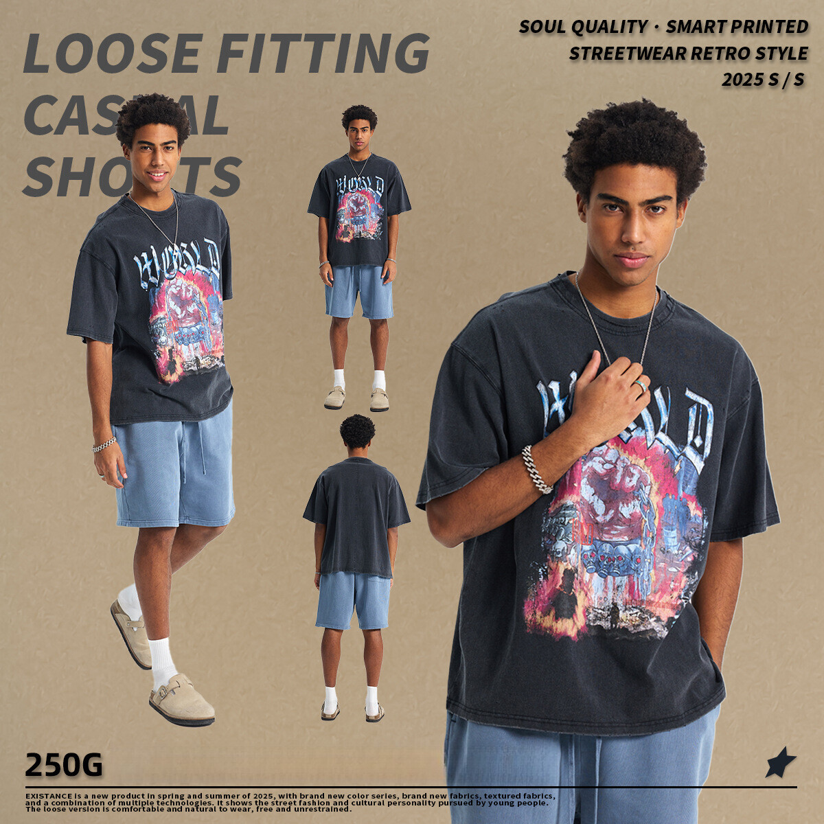 Chain fashion men's clothing | Black distressed printed T-shirt with loose edges, cut holes, washed cotton short sleeved shirt