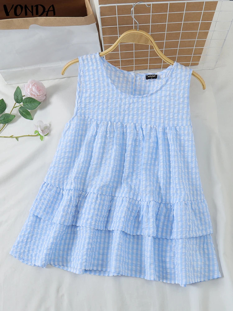 VONDA Womens Tank Top Sleeveless Plain Shirt Ruffle Camispo Bohemian Casual Oneck Tshirt Summer Oversized 250407