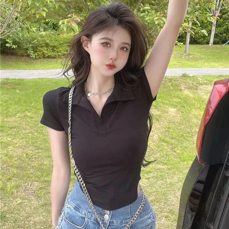 Korean clothing lapel short sleeved Tshirt womens summer girl solid color casual top 250407