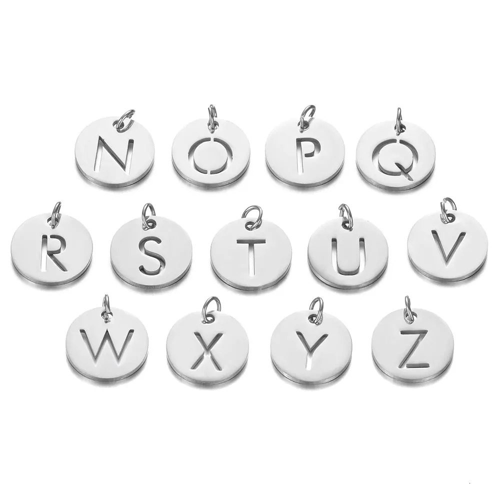 10 piecesbatch 12mm round AZ initial pendant 316L stainless steel letter charm fashion name used for making DIY necklaces 250325
