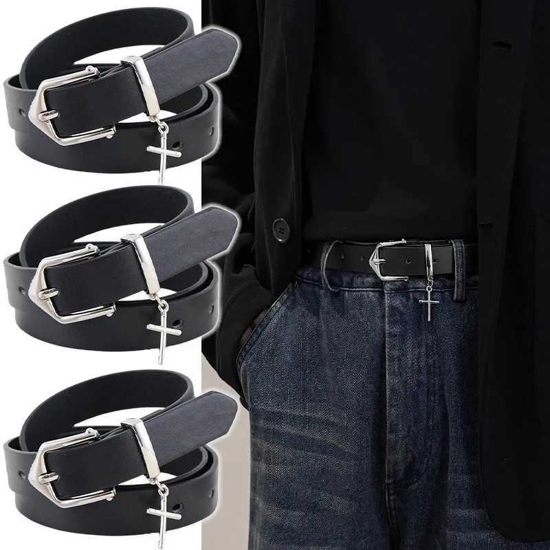 Fashion Cross Pendant Black PU Leather Belts Metal Pin Buckle Belt for Women Men Punk Hip Hop Waistband Jean Pants AccessoriesT251107