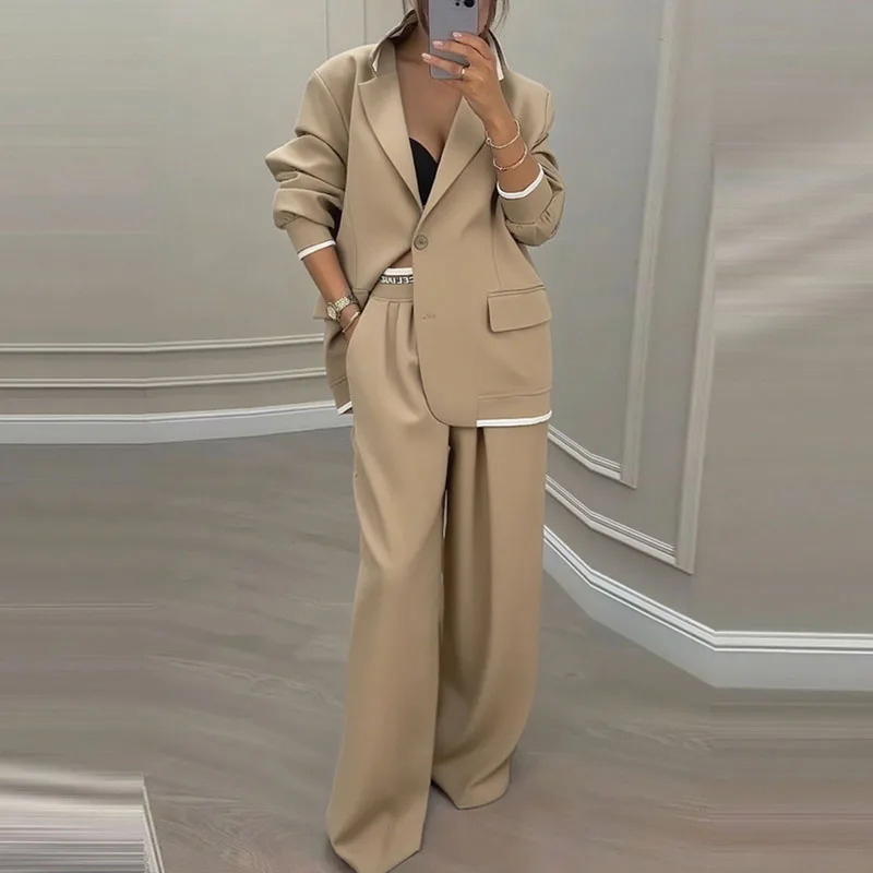 Autumn Winter Blazer Jacket Set Woman Elegant Single Button Lapel Cardigans Wide Leg Trousers Suit Elegant Solid Office Outfit 251103