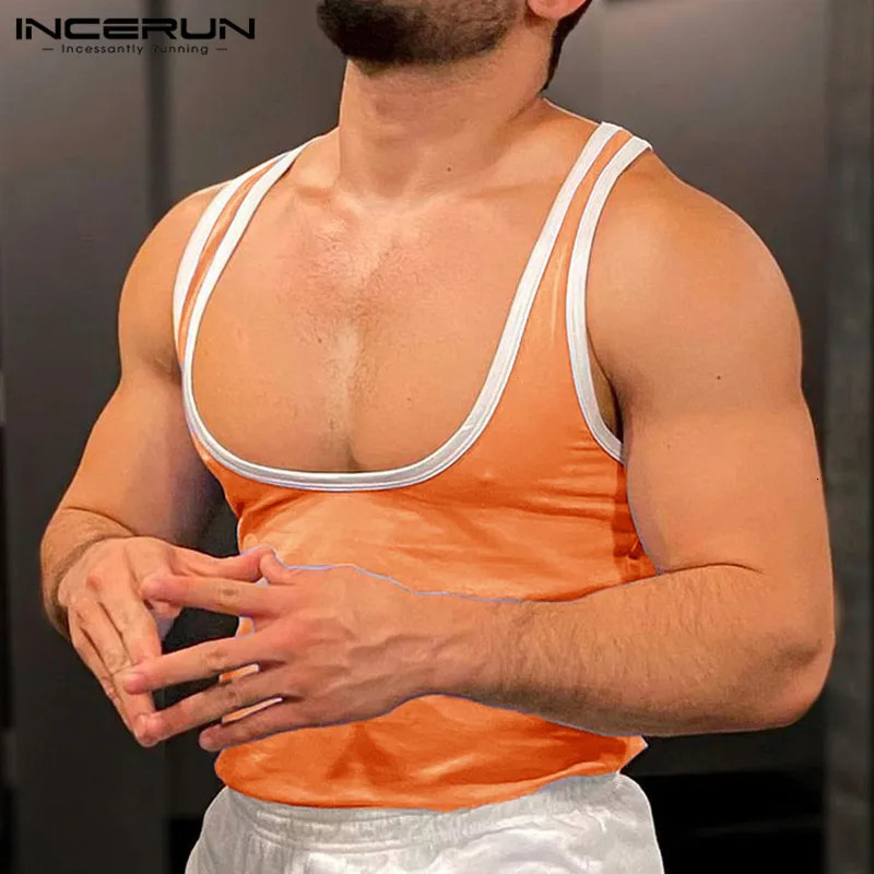 INCERUN Tops US Mens Contrastive Color Splicing Work Large Tank Top Casual and Comfortable Mens U-neck Tank Top S-5XL 250403