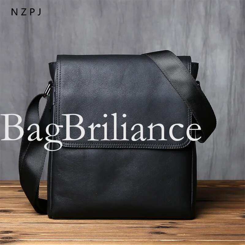 NZPJ Leather Men's Shoulder Natural Cowhide Vertical Crossbody Casual Large Capacity Flip Zipper Bag For 10 Inch iPad