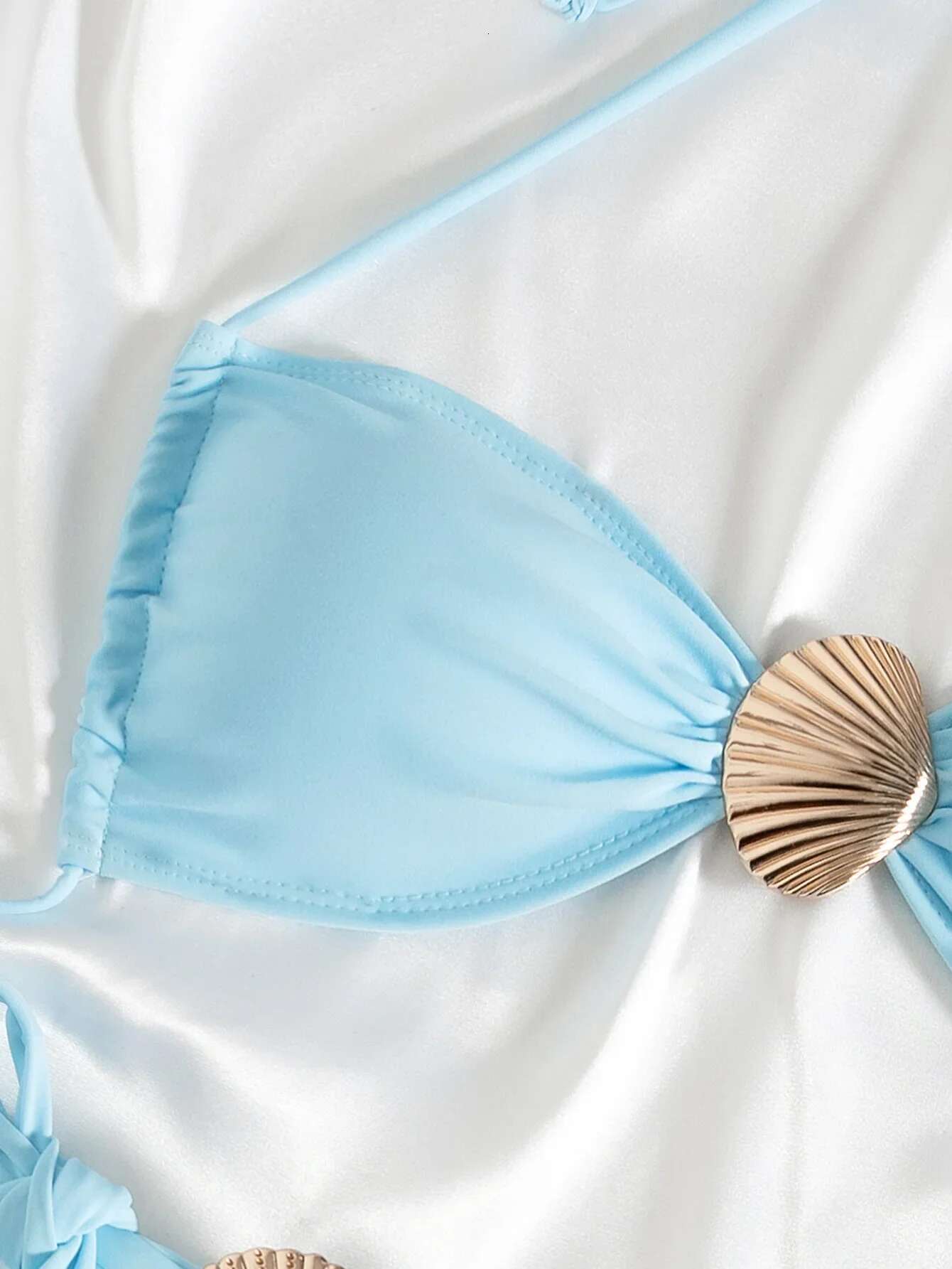 Dongdumaoyi Sexy Metal Shell Bikini Set Women Solid Sky Blue Pleate Push Up Tie Side Tanga Swimsuit Beach Bathing Suit Micro Swimwear