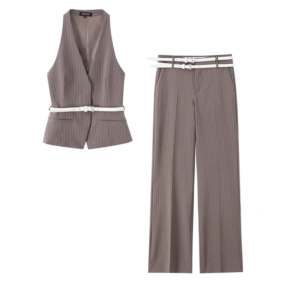 TRAF Womens Fashion Brown Knitted Sleeveless Tank Top and Wide Leg Pants Set with White Ribbon Details 250407