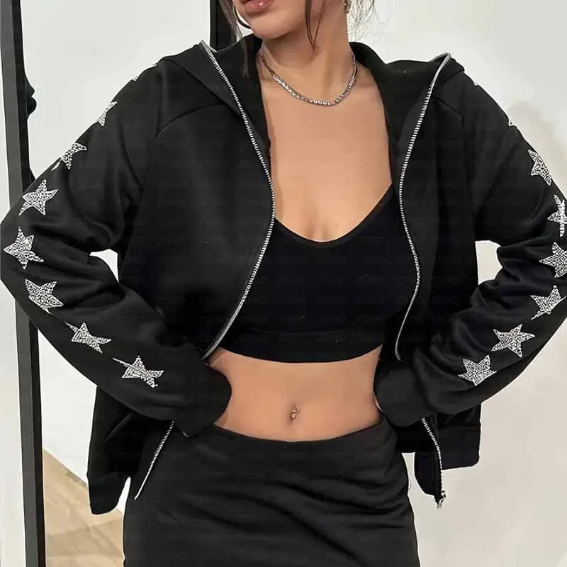 Y2K rhinestone zipper oversized sweater for women autumn Gothic hooded sweatshirt black jacket streetwear tops 250403