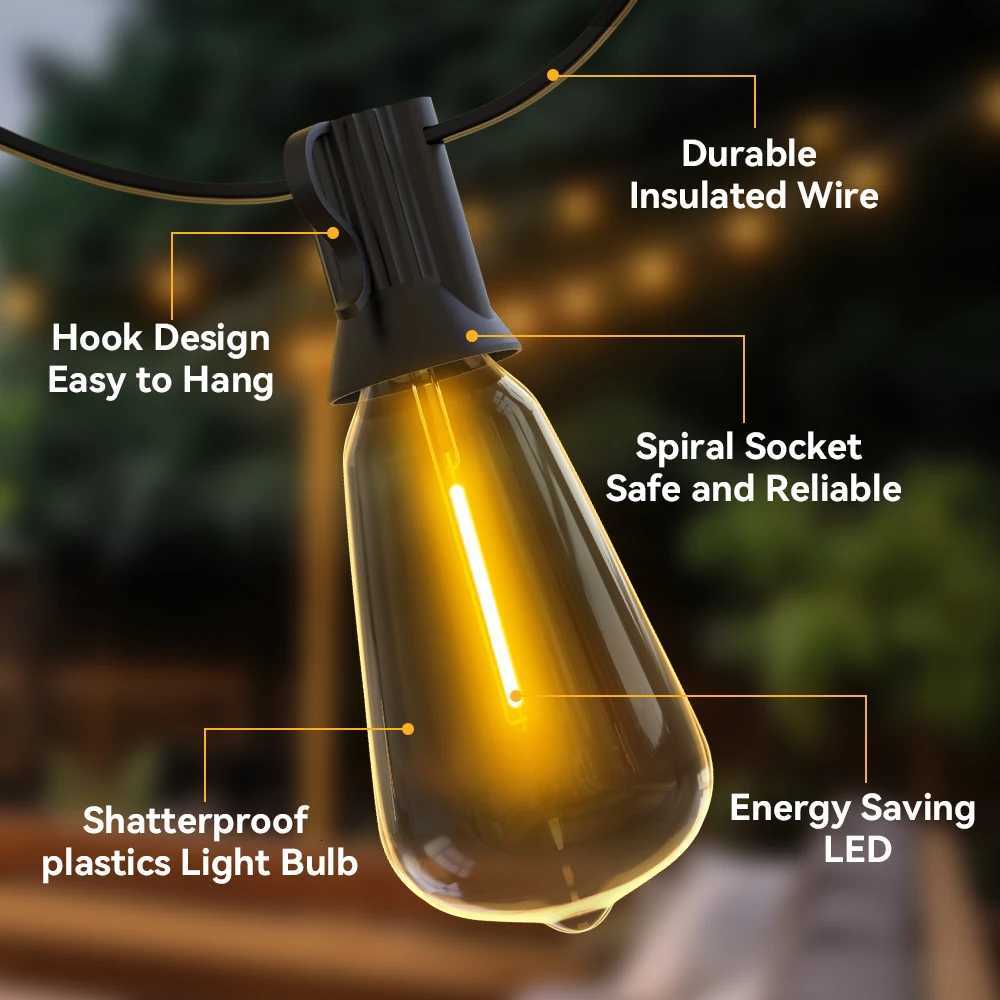 Outdoor String Light ST38 Patio Hanging Lights Garden Decorative Light String With Shatterproof LED Bulbs 2200K For Outside W251107