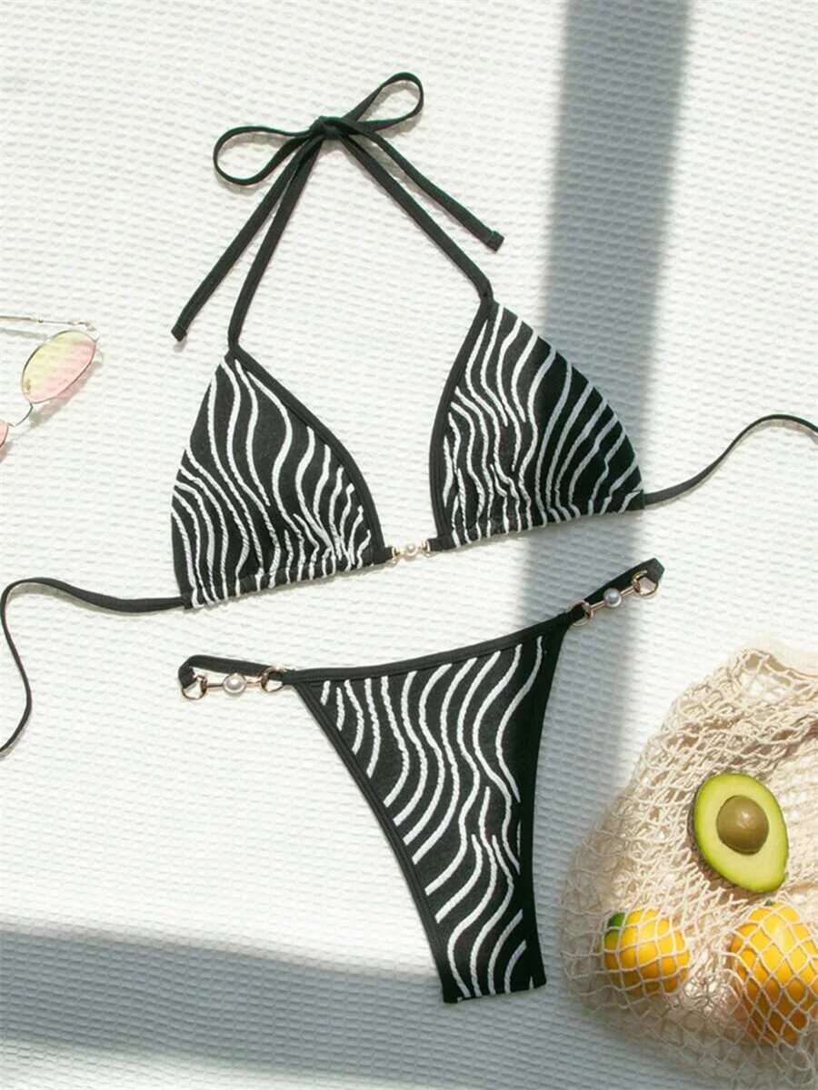 Dongdumaoyi Sexy Black Stripe Bikini Set Women Halter Push Up Pearls Thong Swimsuit Brazilian Beach Bathing Suit Micro Swimwear Biquini