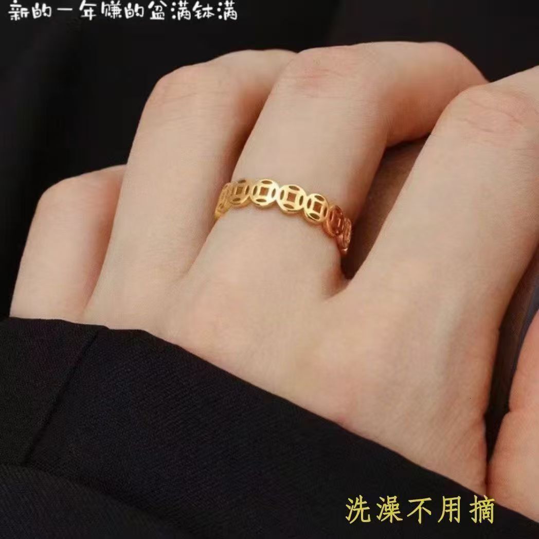 New Chinese style copper coins attract wealth, transport money, women's niche design, titanium steel non fading rings, personalized and versatile