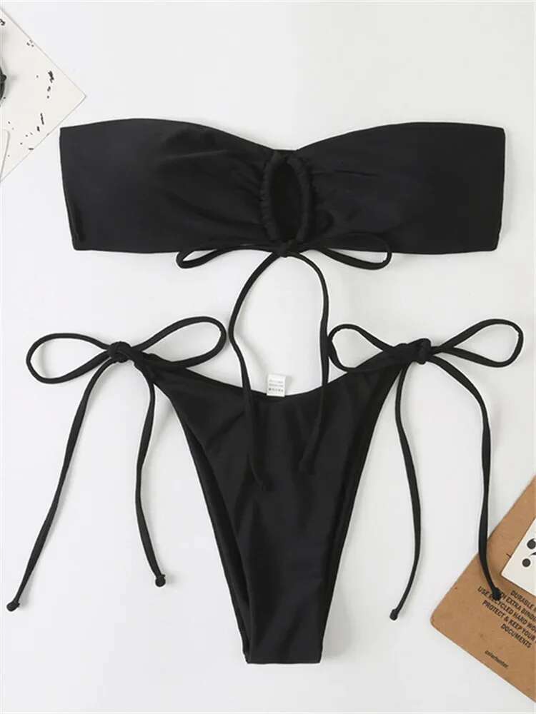 Dongdumaoyi Sexy Bandeau Bikini Swimwear Women Red Black Pleate Lace Up Swimsuit Cut Out Beach Bathing Suit Tie Side Thong Bikinis Sets