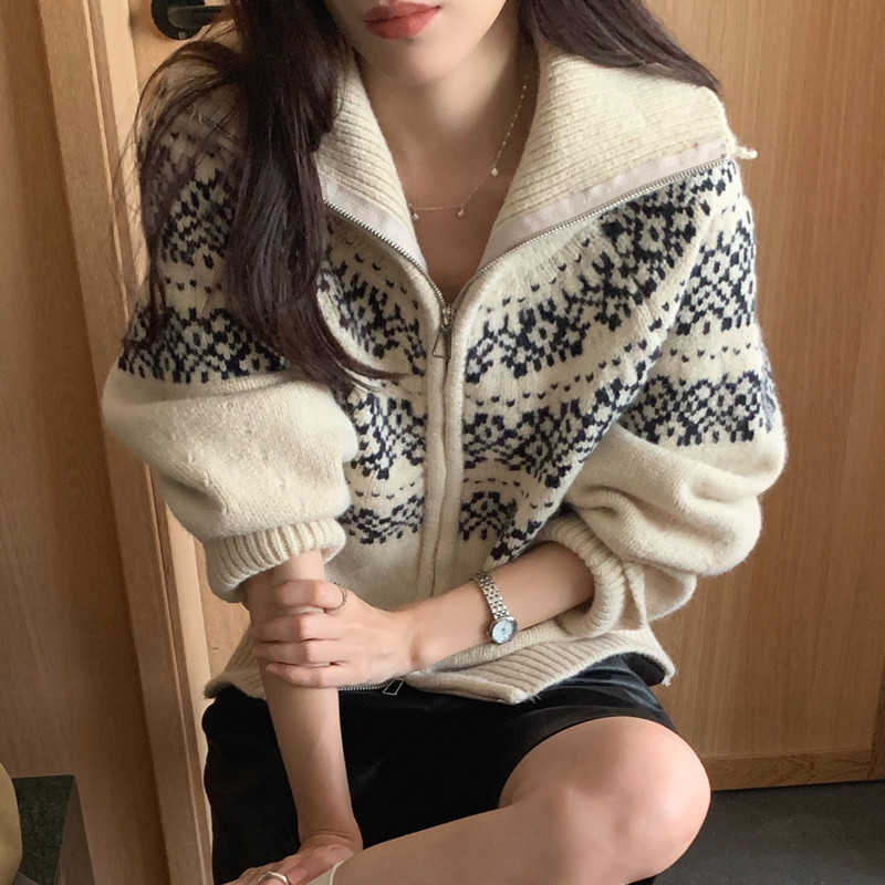 KANING Fair Isle Jacquard Zipper Knitted Cardigan 2025 Autumn Winter New Top Christmas Chic Sweater W251107