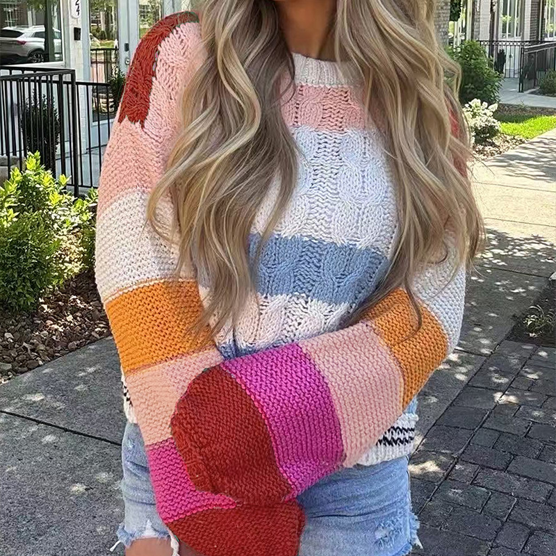 Women's color-block striped top, round-neck long-sleeve sweater, casual street chic, popular in autumn and winter, versatile for outings, women&#