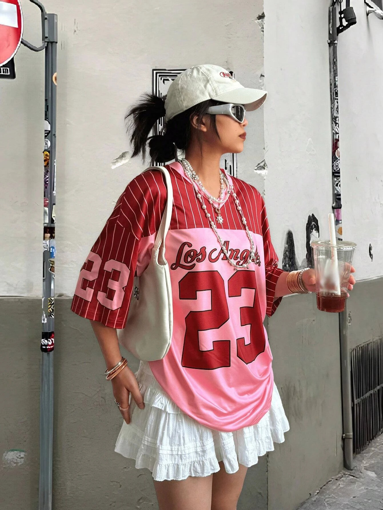 INAWLYNS womens casual sports style # 23 and letter stripe splicing work print loose fashionable Vneck Tshirt short sleeved top 250407