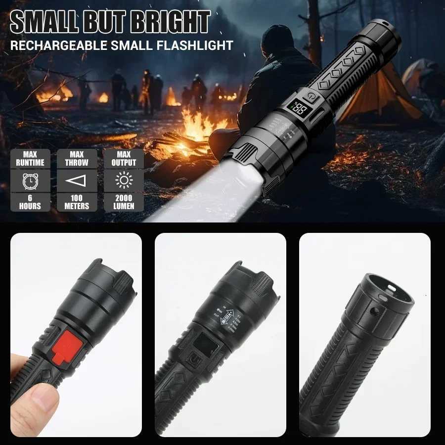 Portable Telescopic Zoom ABS Flashlight 3 Lighting Modes Rechargeable IPX4 Waterproof Torch With Power Display For OutdoorW251106