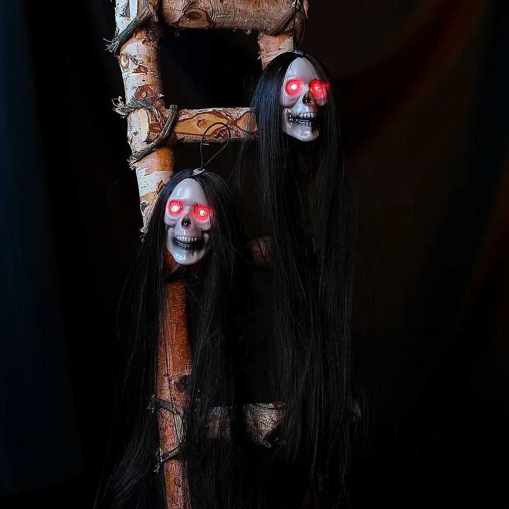 Halloween Hanging Ghost Skull with Long Hair Glowing Eyes Terror Skull Ghost House Head Skeleton Props 2024 Halloween Decoration W251107