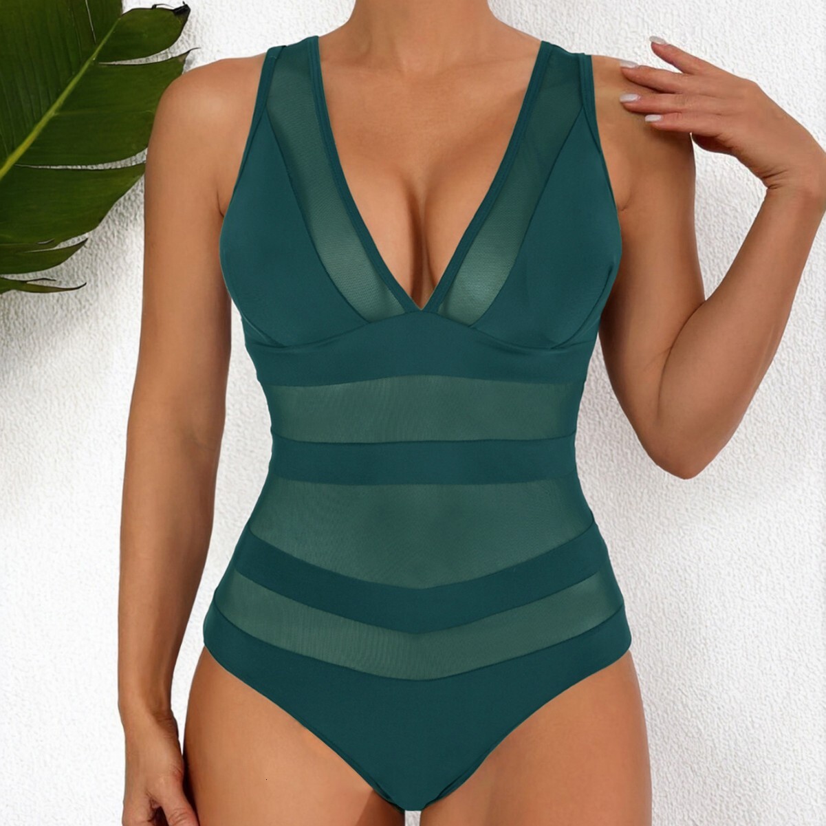 2025 Multi color Mesh Splicing Integrated Triangle Tight Hollow Back Swimsuit for Women