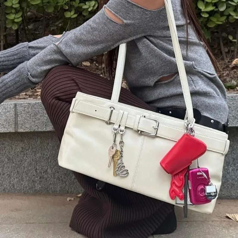 Vintage Belt Underarm Women Genuine Leather Key Buckle Punk Shoulder Bags 2025 High Street Girls Hangbags