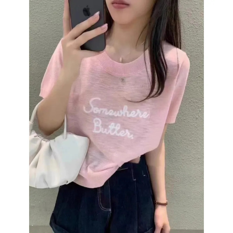Letter y ice silk knitted short sleeved womens summer shoulder round neck thin top loose Tshirt 250407