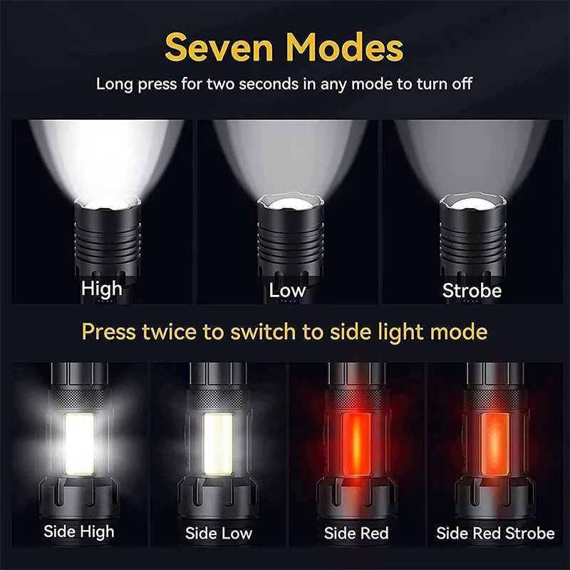 Super Bright Rechargeable Flashlight Adjustable Powerful Flash Light with 7 Modes COB Light Waterproof Handheld FlashlightW251106