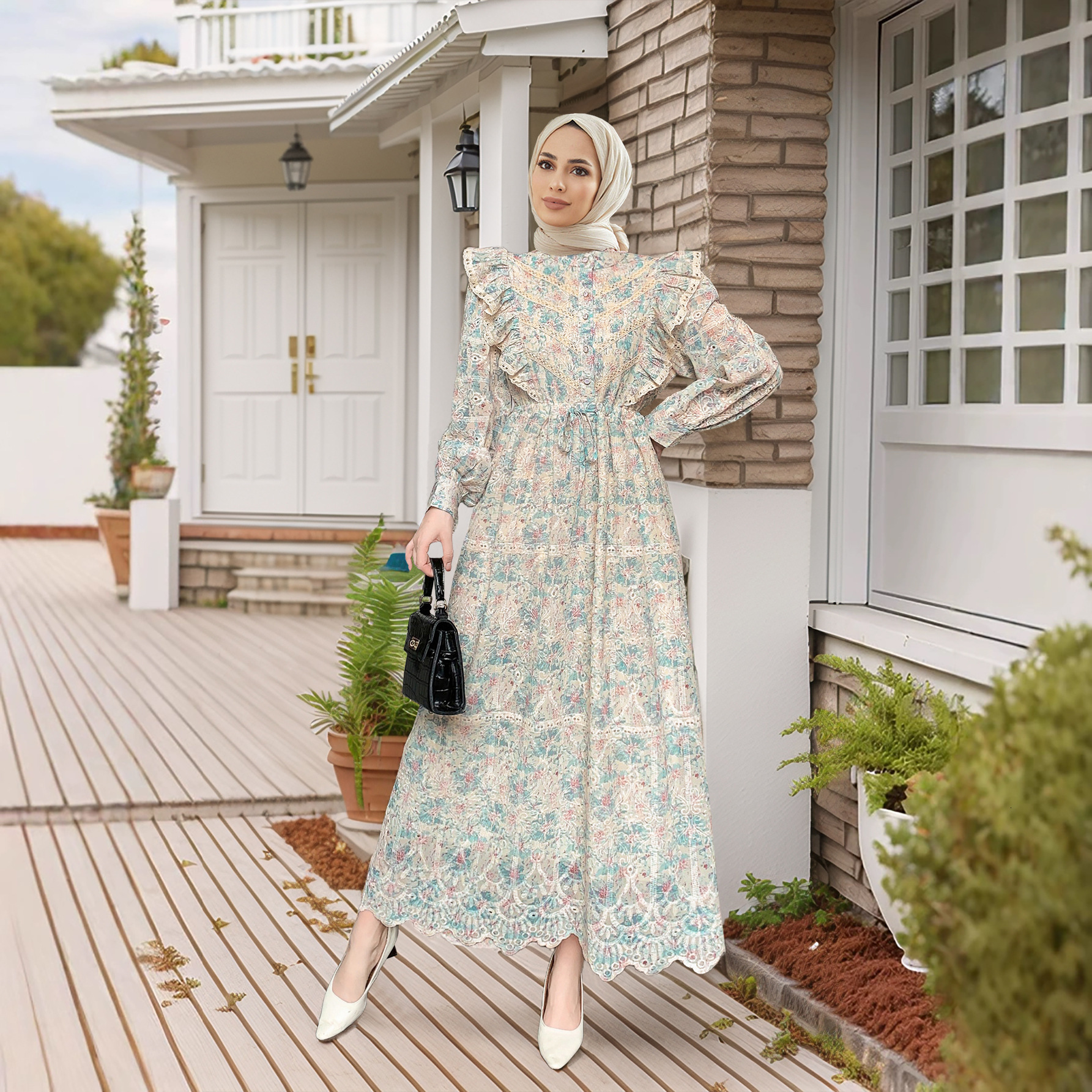 M Muslim New With Hollowed Out Embroidery And Ruffle Edge Patchwork Lace Floral Dress