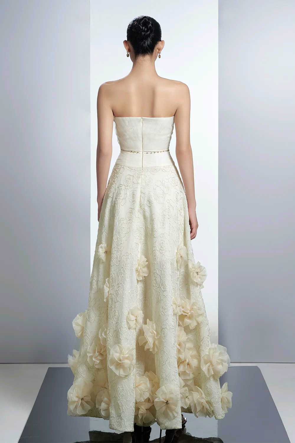 High Quality Made Luxury Saudi Arabic Strapless Evening Dresses with Flowers Lace Formal Party Occasion Gowns Backless Prom Dress Robe de soiree BC214