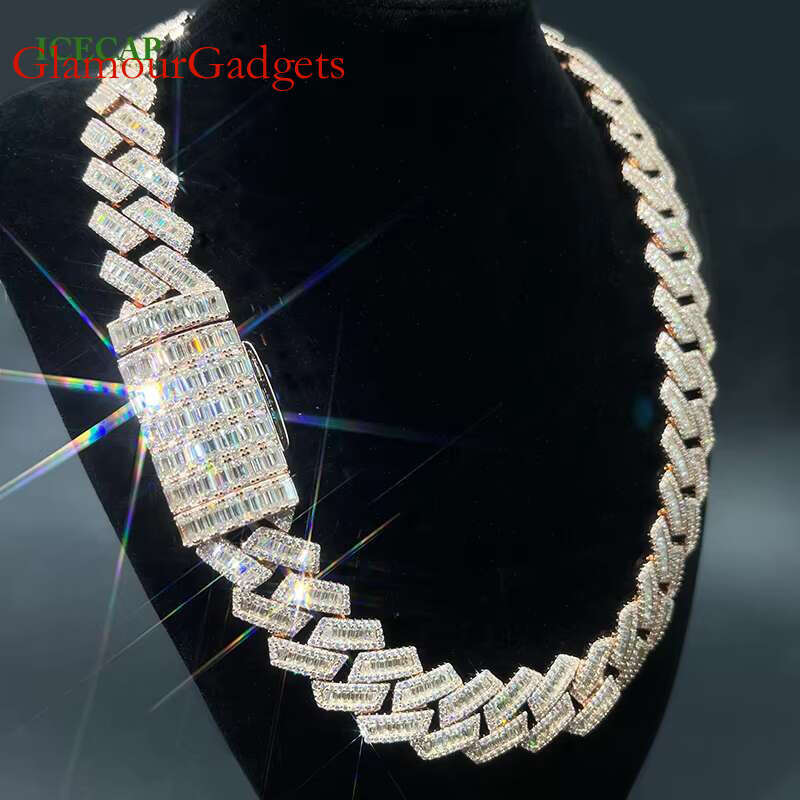 ICECAP Boutique Jewelry VVS Rose Gold Plated Round&Baguette Moissanite Necklace Cuban Chain