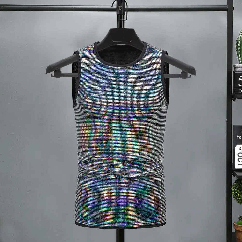 Men Casual Vest Mens Shiny Metallic Sleeveless Vest for Club Performance Stage Show Slim Fit Stretchy Tank Top with Round Neck 250407