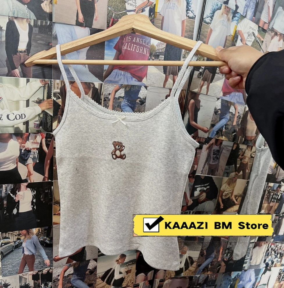 Cute teddy bear ed bow vest womens summer sleeve strapless solid retro slim crop top Y2K Versatile 250407
