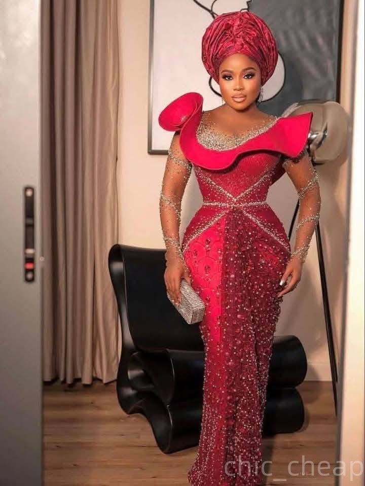 Aso Ebi Sheath Dark Red Prom Dresses 2026 Beaded Crystals Sequined Evening Formal Party Second Birthday Engagement Gowns Plus Size Dress For Special O