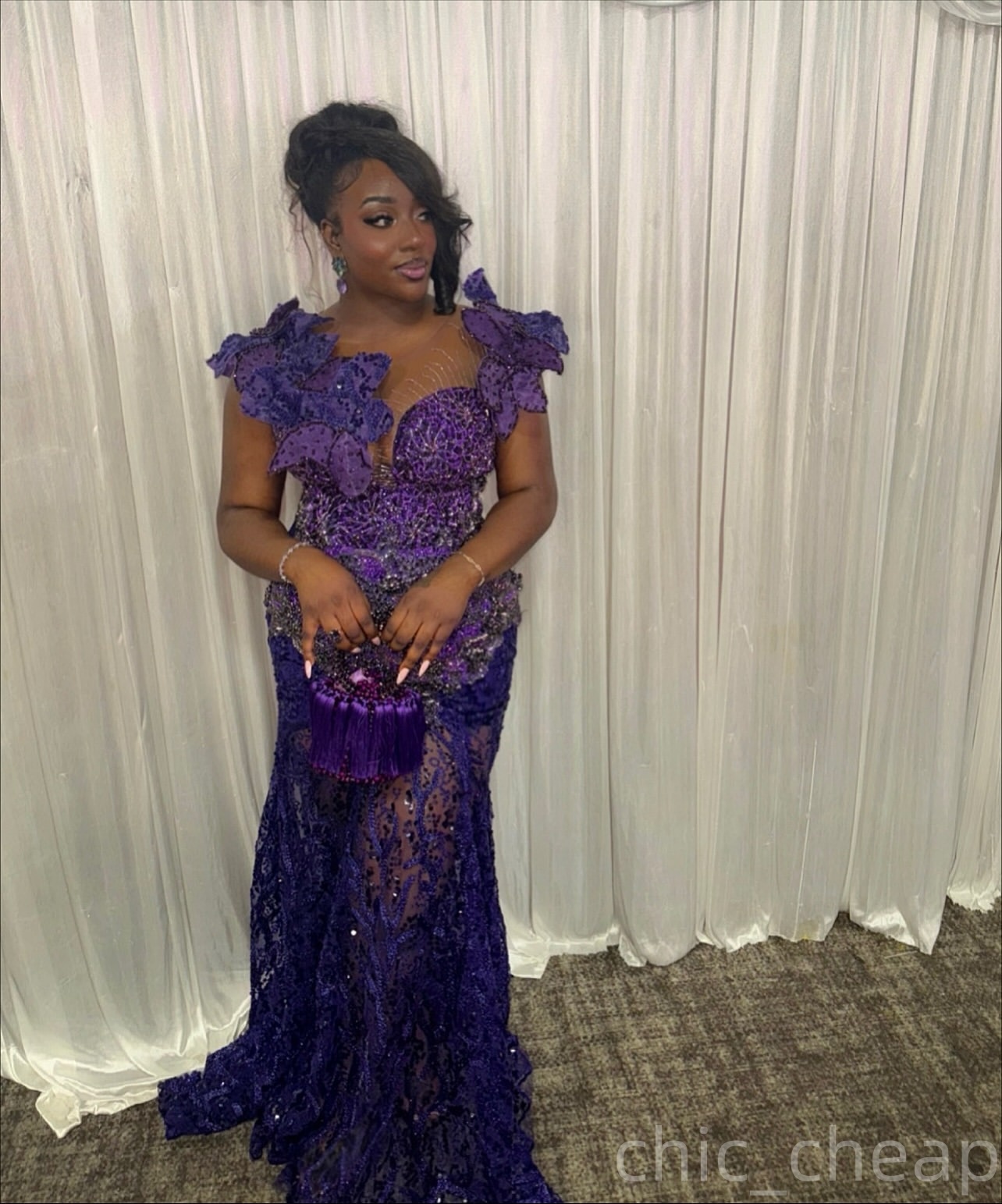 Mermaid Purple Royal Blue Prom Dresses 2026 Flowers Beaded Sheer Neck Evening Formal Party Second Birthday Engagement Gowns Plus Size Dress For Specia