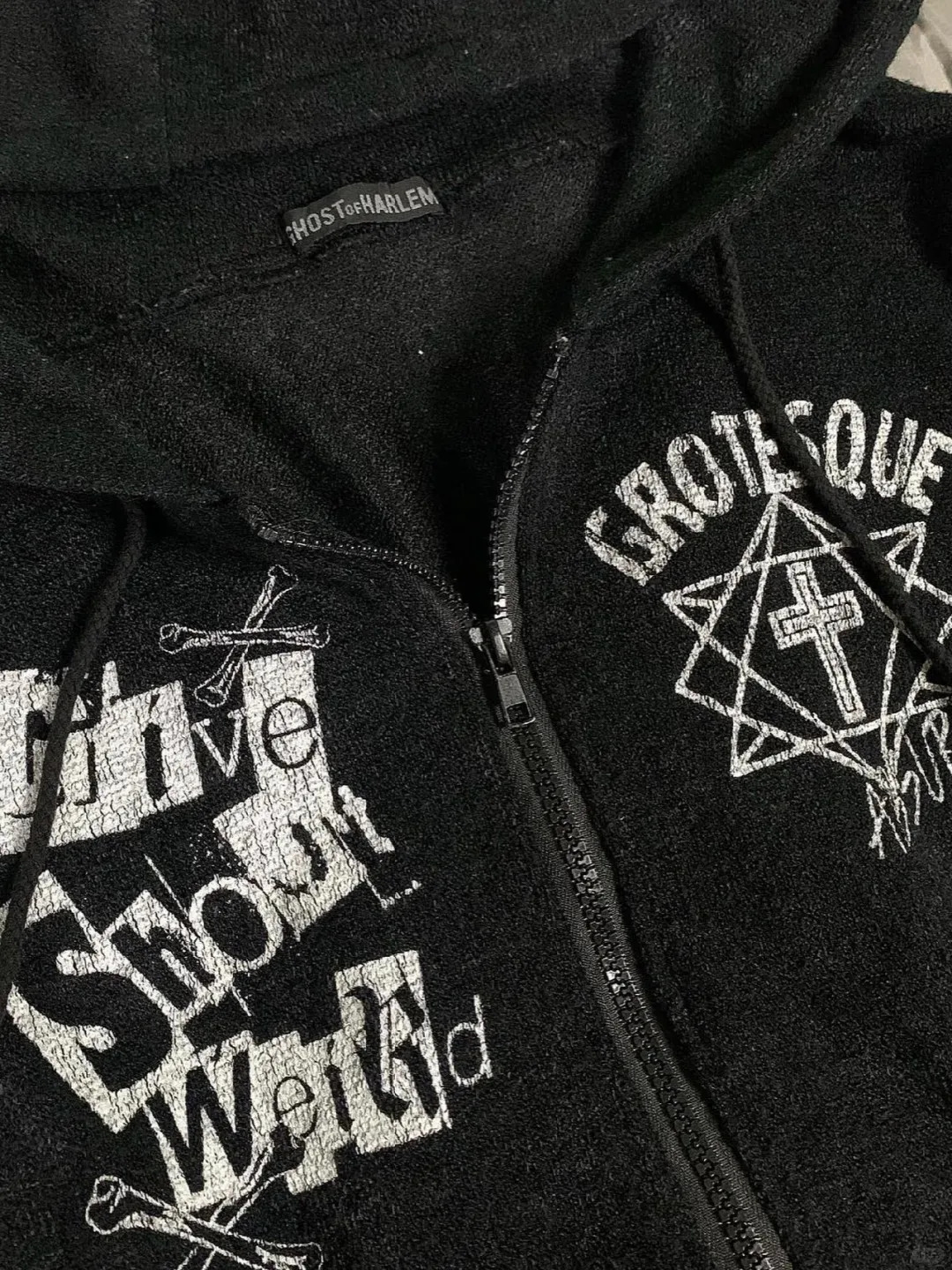 90s Alphabet Punk Hoodie Y2k Gothic Skull Printed Street Clothing Harajuku Girls Hip Hop Zipper Grunge Black Sportswear Women 250403