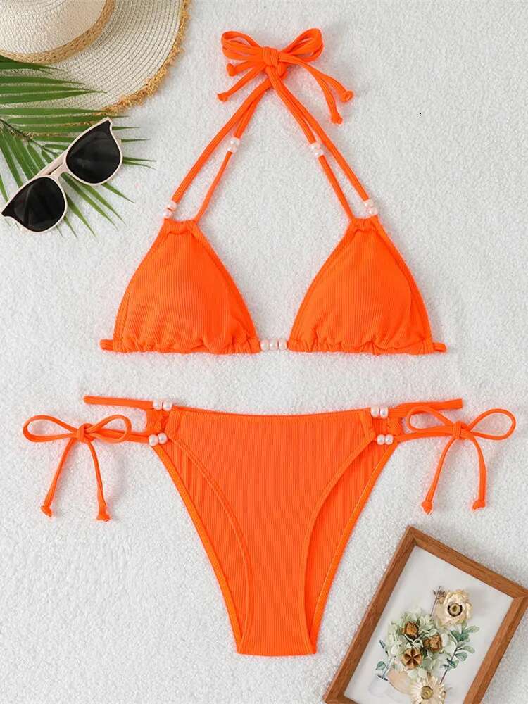 Dongdumaoyi Sexy Black Bikini Set Women Pearls Strap Push Up Drawstring Side Thong Swimsuit Luxury Lace Summer Bathing Suit Swimwear