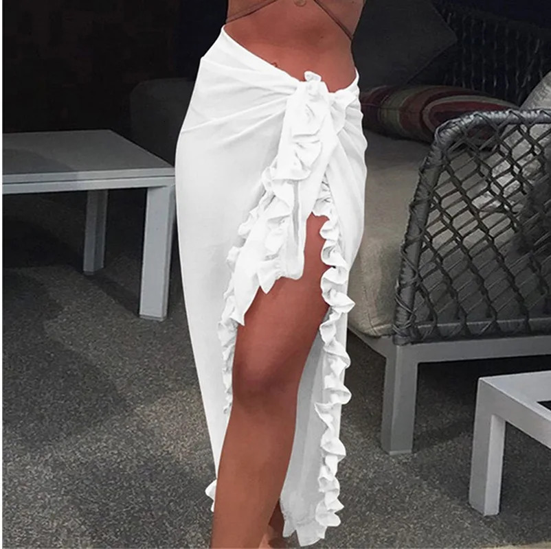 5Color Ruffled Saron Womens Summer Solid Bikini Long Beach Dress Swimming Sunscreen Swimsuit Ups Monokini 250313