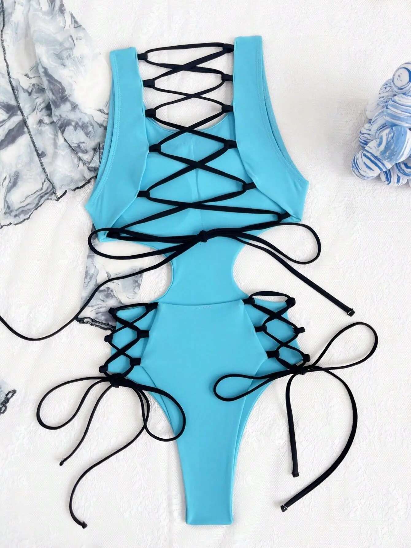 Dongdumaoyi Sexy Drawstring One Piece Swimsuit Hollow Out Backless Cross Bandage Bikini Beach Bathing Suit Lace Up Swimwear Monokini