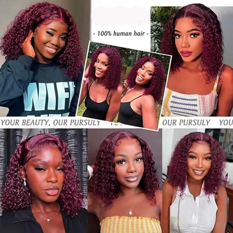 99J Colored Curly Deep Water Wave Lace Front Wig Burgundy Red Remy Short Cut Bob Frontal Human Hair Wigs Women Pre Plucked Wigs W251107
