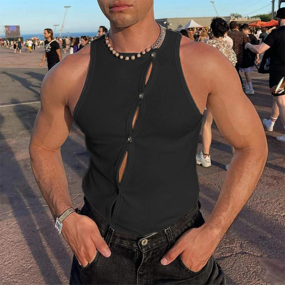 Mens sexy hollow transparent vest sleeveless tight fitting vest summer retro party T-shirt irregular button decoration T-shirt 250403