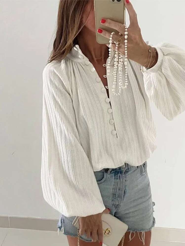 Women Solid Wide Leg Pants Suit Chic Stand Collar Single Breasted Long Lantern Sleeves Shirt 2024 New Streetwear Lady 2 Pcs Set
