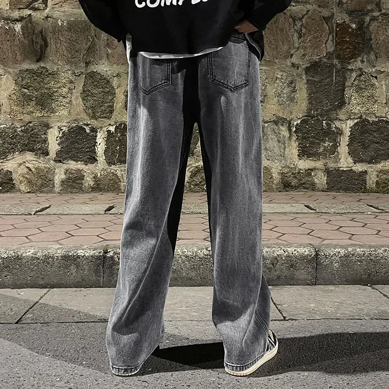 mens jeans Korean fashion student casual pants high street straight pockets wide denim black gray blue 250401