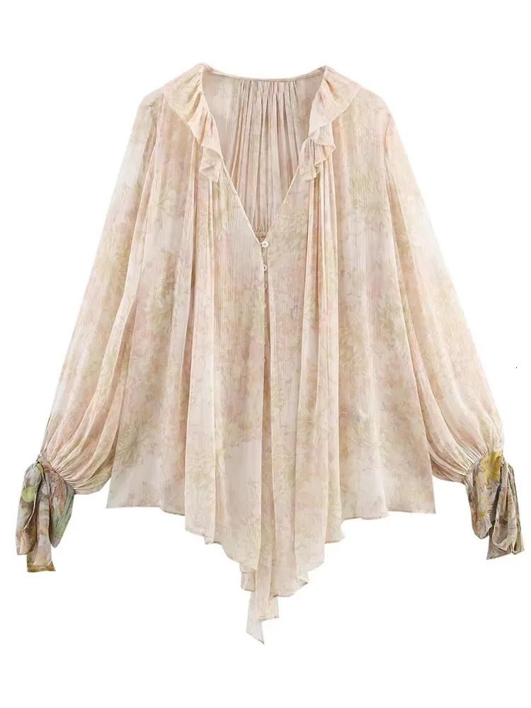 TFMLN Retro Bow Long Sleeve Womens Shirt Fashion Ruffle Printed Top Sweet Casual SpringSummer 250407