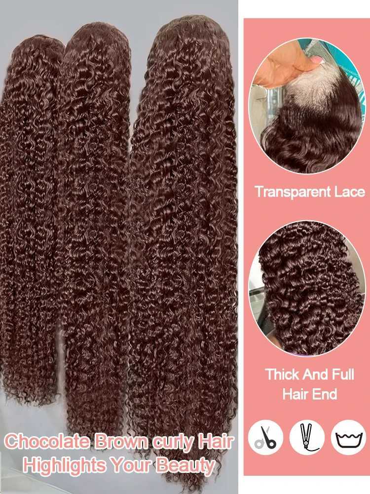 200 Chocolate Brown Deep Wave Human Hair Wig 30 40Inch Transparent Lace Frontal Wigs For Women 13x6 Lace Front Water Curly Wigs W251107