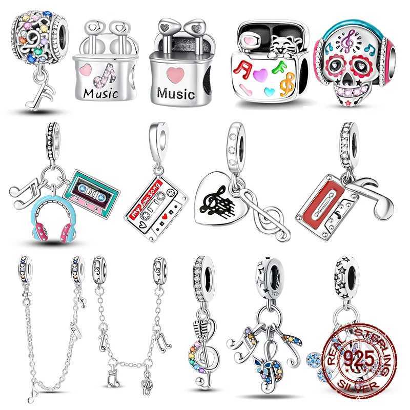 Music Musical Notes Chain 925 Sterling Silver Earphone Tape Dangle Charms Beads Pendant Fit Bracelet Necklace DIY Jewelry GiftXJ251107