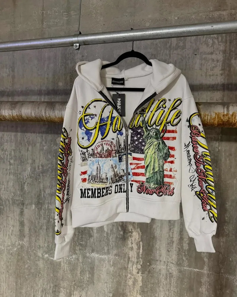 European and American Retro Fashion Mens Printed Zipper Hoodie Harajuku Gothic Street TWear Couple Oversized Sweatshirt 250403