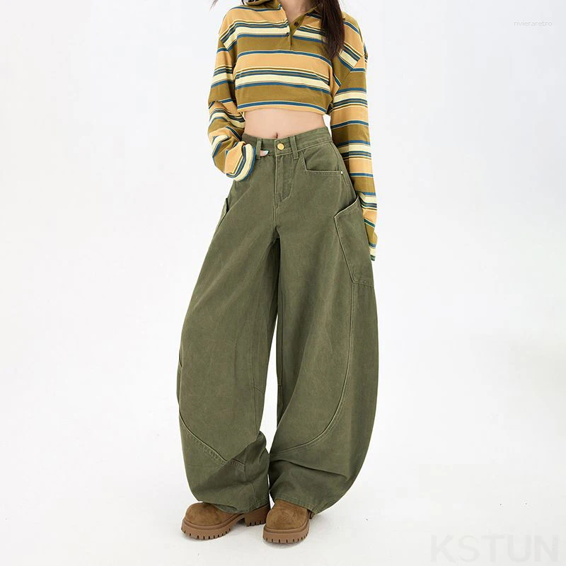 Women's Jeans KSTUN Baggy Green Women Wide Leg Curved Pants Loose Fit Cotton Trousers Vintage Threedimensional Large Pockets Trendy Z260313