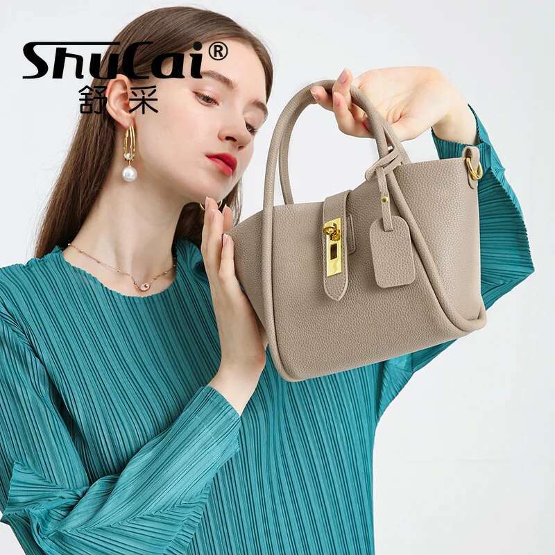 Genuine Leather Women's Vegetable Basket Bucket Bags Female Single Shoulder Crossbody Ladies Handbag