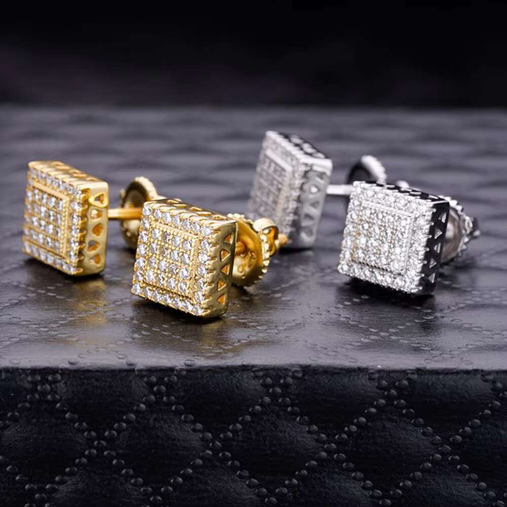 Fashion Jewelry 925 Sterling Silver 18K Yellow Gold Plated Pave CZ Diamonds Cut Square Shaped Stud Earrings